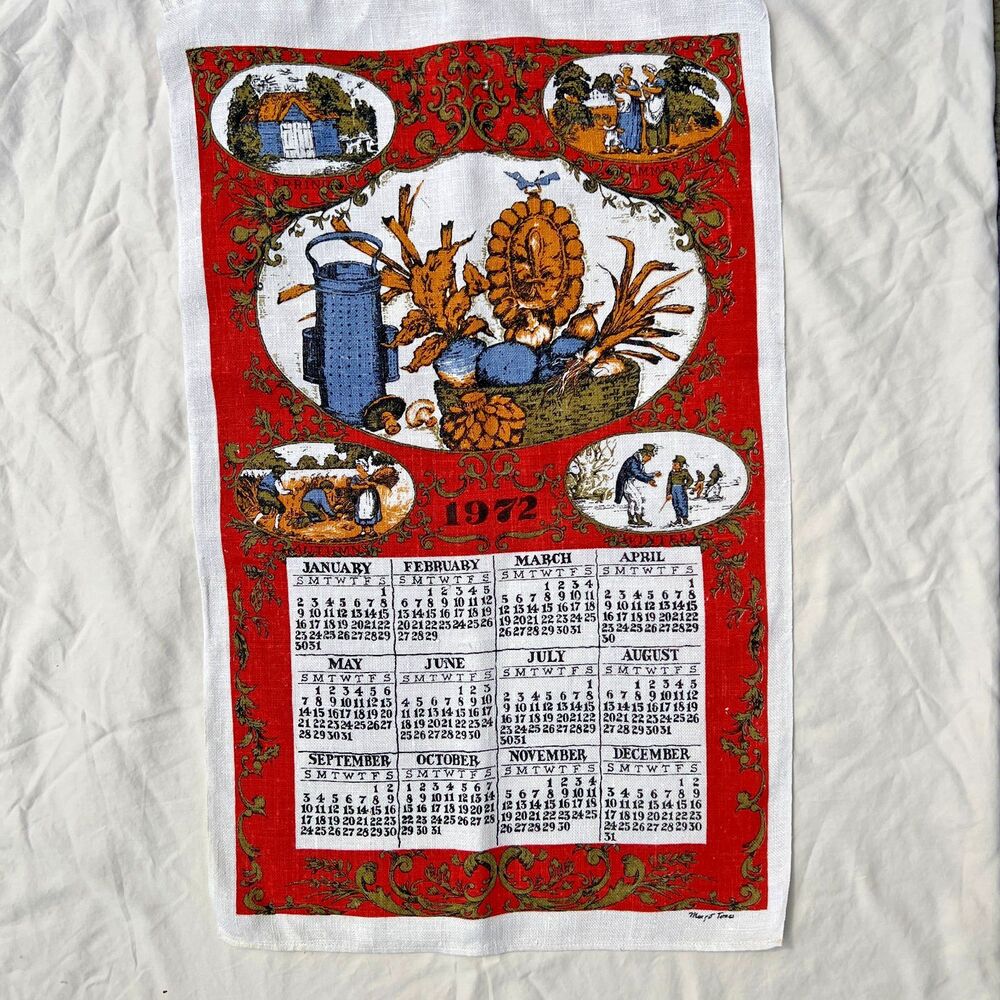 VTG 1972 Linen Calendar Kitchen Tea Towel 4 Seasons red blue Margot Tomes